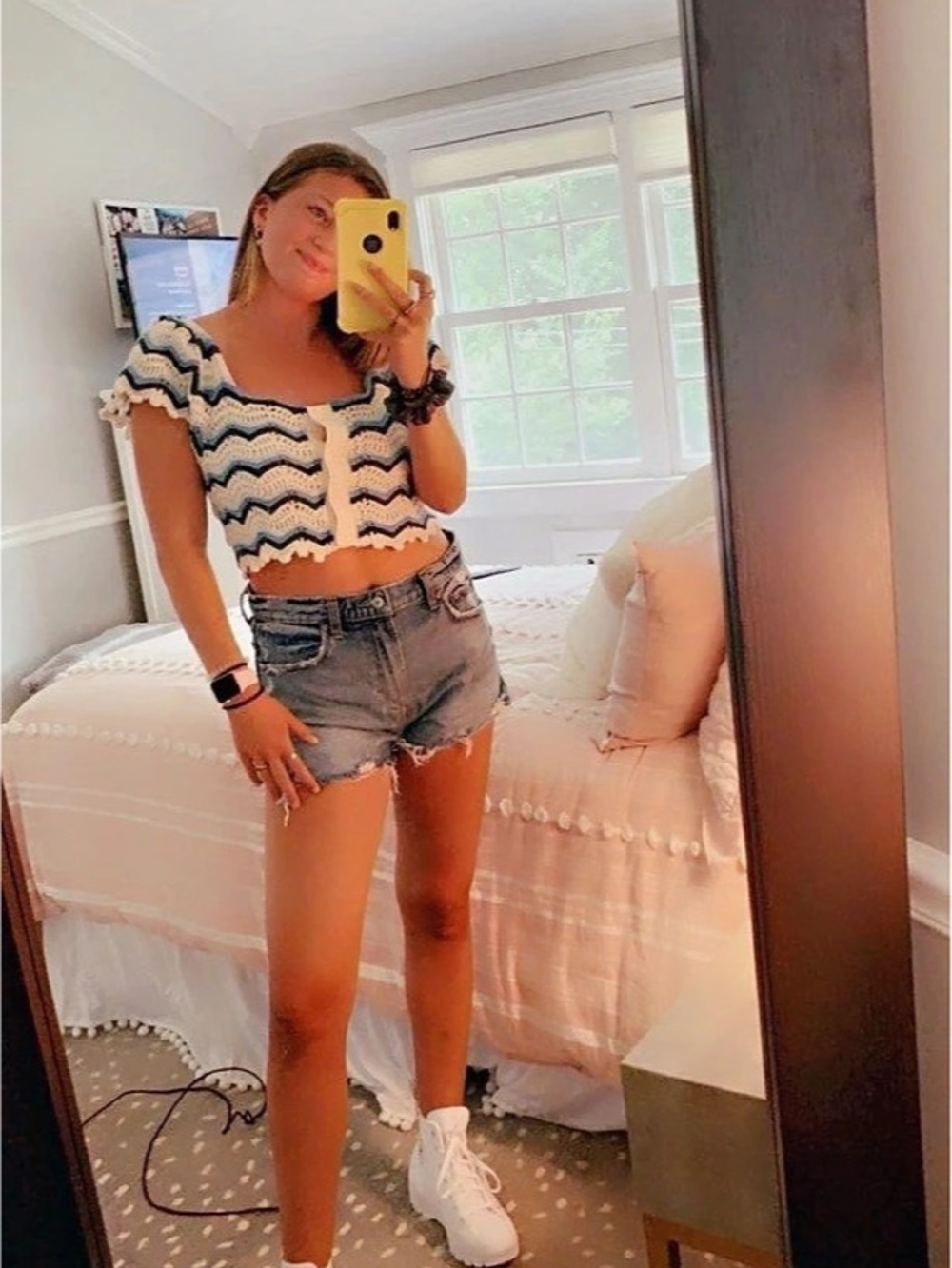 Zara White & Blue Crochet Chevron Button Crop Top